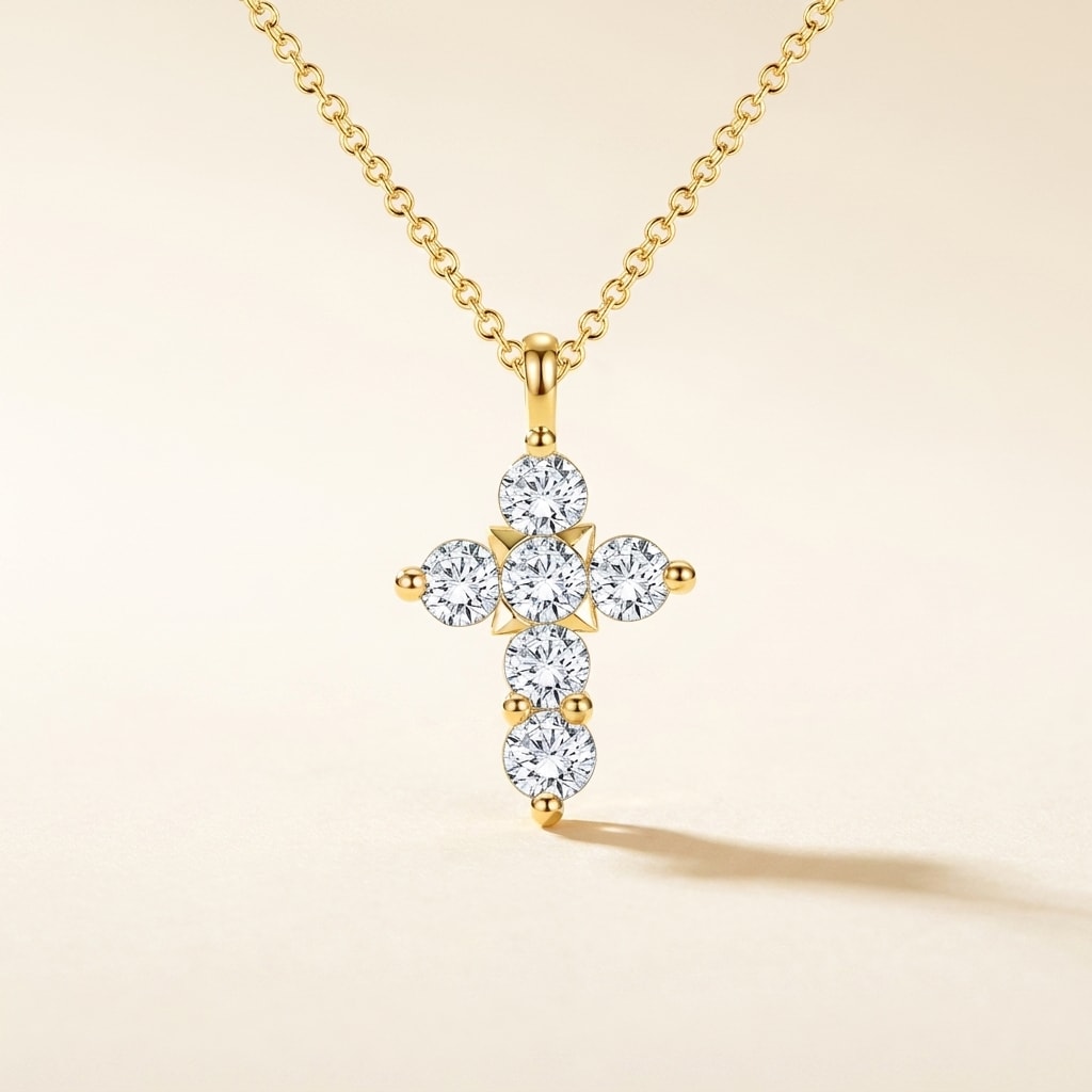 Croix Halskette mit natürlichem Diamant (0,1 Karat gesamt) in Gelbgold 750