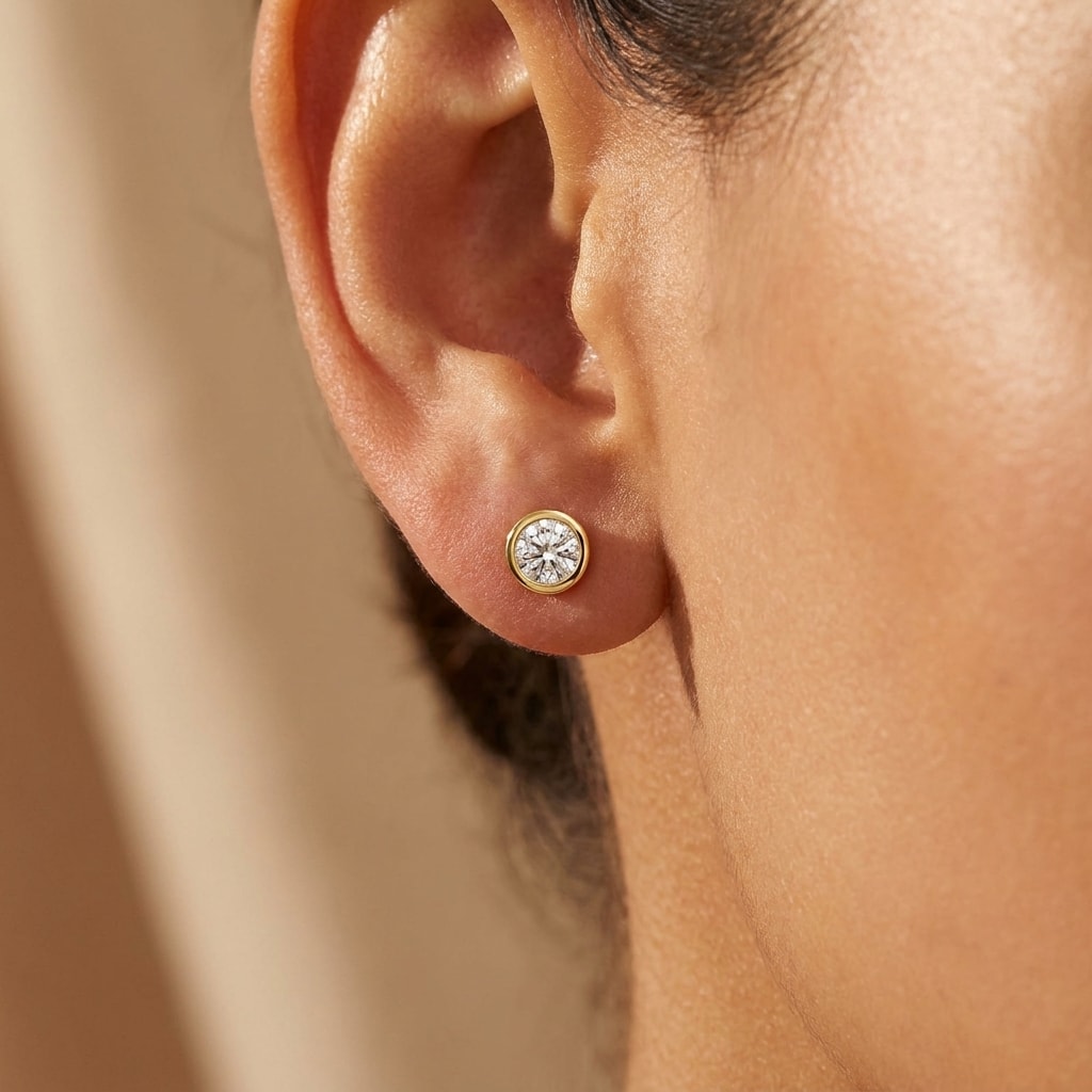 Ronde Ohrring mit Labordiamant (1 Karat gesamt) in Gelbgold 585 seitlich