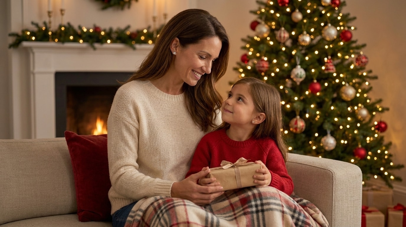 Mutter und Tochter mit Geschenk am Kamin vor dem Weihnachtsbaum, ANNARELLE Ohrstecker